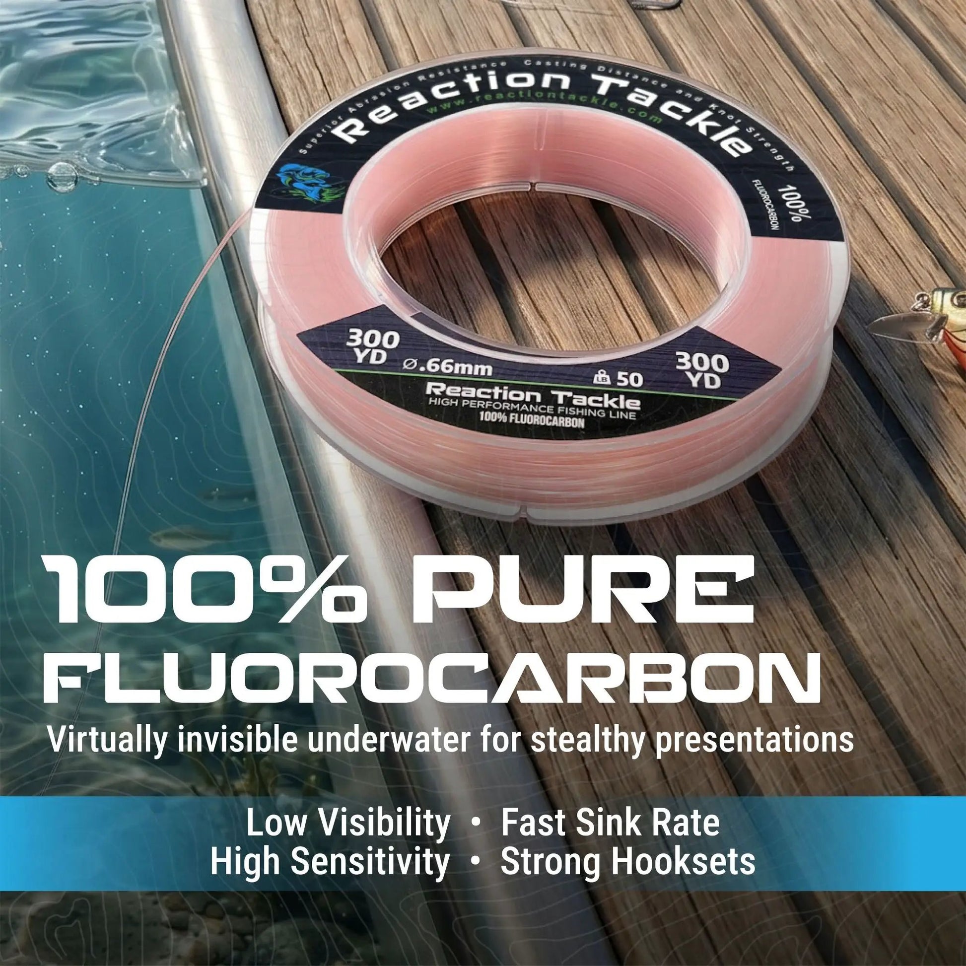 Reaction Tackle 100% Pure Fluorocarbon fishing line spool, pink, 300 yd, 0.66mm on Tampa Home & Garden Store