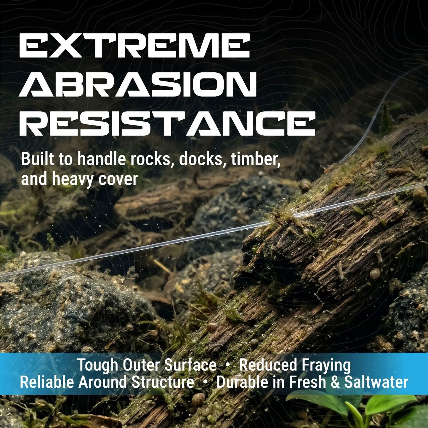 Reaction Tackle Pure Fluorocarbon fishing line close-up on rocky shore with visible line on Tampa Home & Garden Store