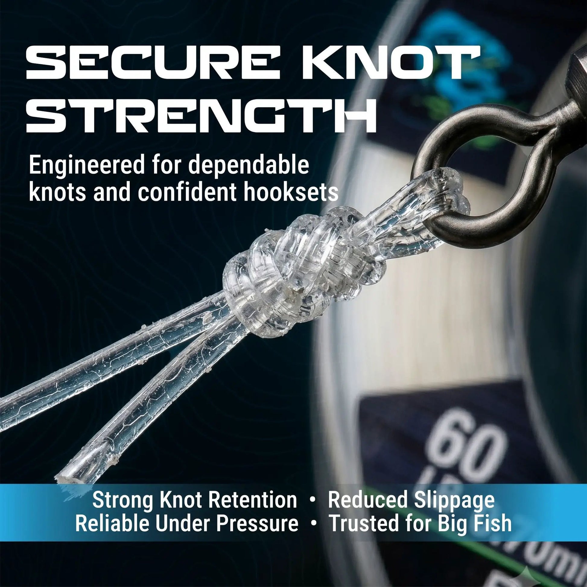 Reaction Tackle Pure Fluorocarbon Fishing Line, clear line tied in a secure knot around a ring on Tampa Home & Garden Store