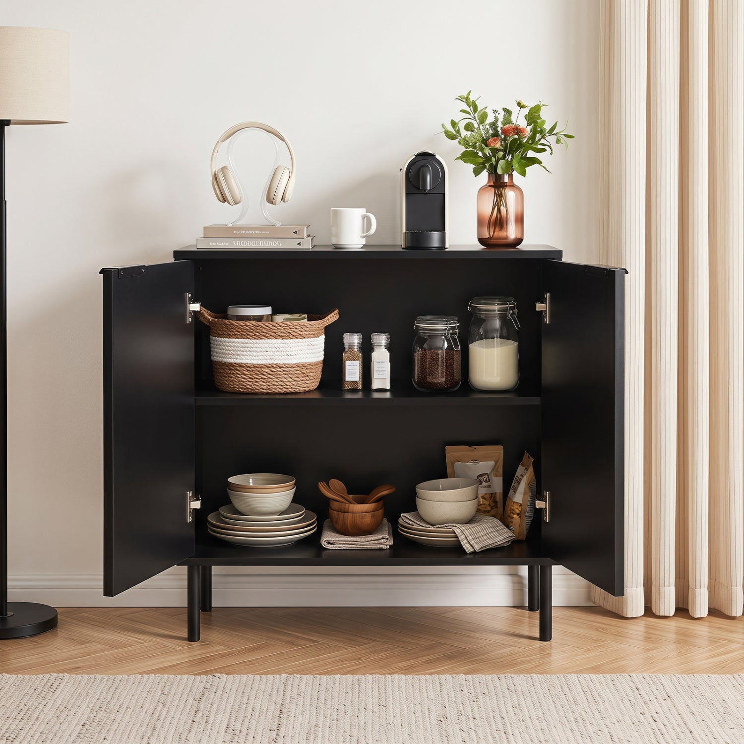 Fluted Buffet Cabinet 2-Door black with mug coffee machine vase and jars inside on Tampa Home & Garden Store