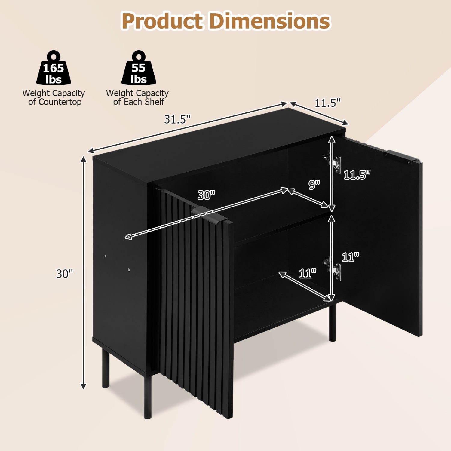 DirectDeals Fluted Buffet Cabinet with 2-Door Storage in black finish, 30-in tall, on Tampa Home & Garden Store