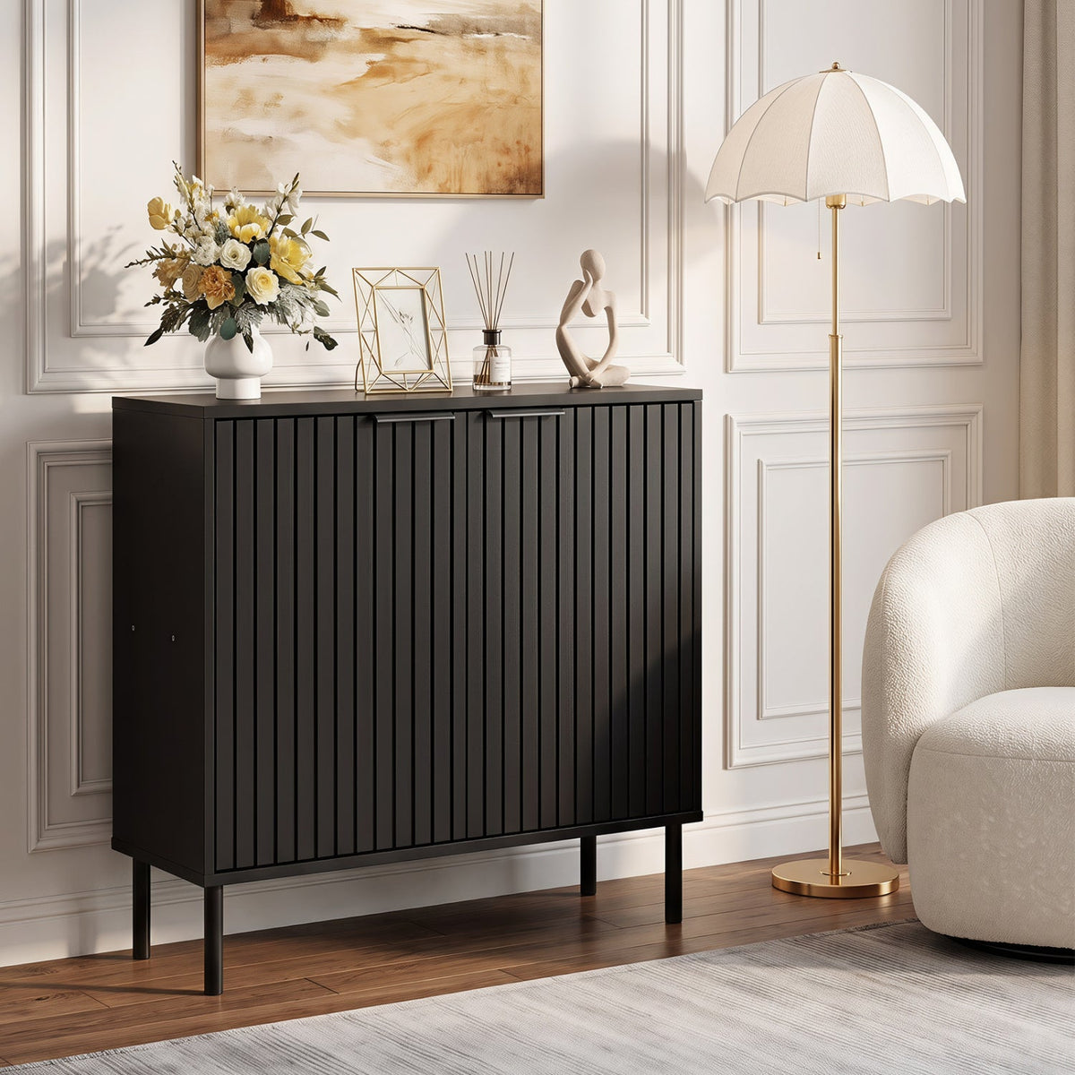 Fluted black buffet cabinet with 2 doors, modern slatted front on Tampa Home & Garden Store