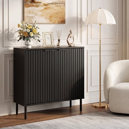 Fluted black buffet cabinet with 2 doors, modern slatted front on Tampa Home & Garden Store