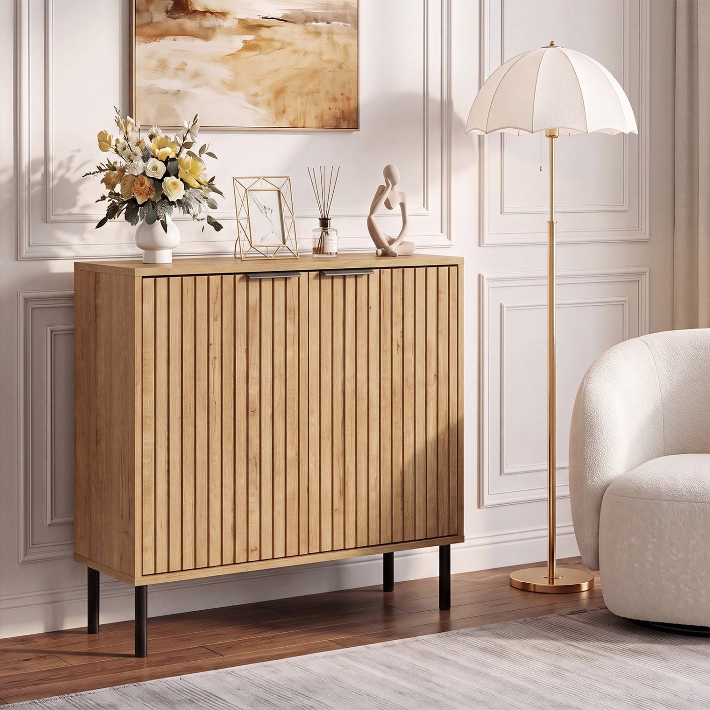 Fluted buffet cabinet with 2-door storage in warm wood finish by DirectDeals on black legs on Tampa Home & Garden Store