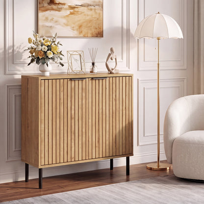 Fluted buffet cabinet with 2-door storage in warm wood finish by DirectDeals on black legs on Tampa Home & Garden Store