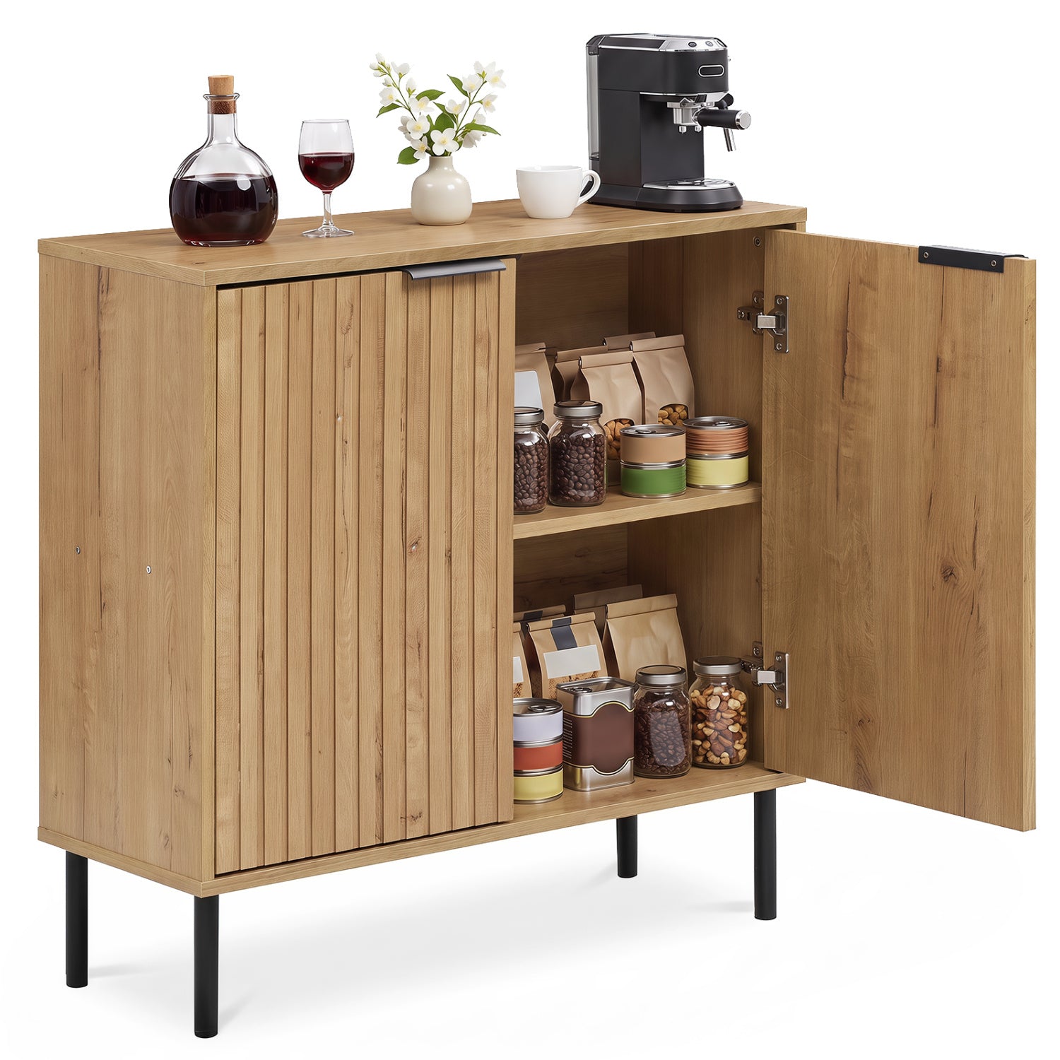 Fluted Buffet Cabinet with 2-Door Storage by DirectDeals in oak finish, coffee machine on top on Tampa Home & Garden Store