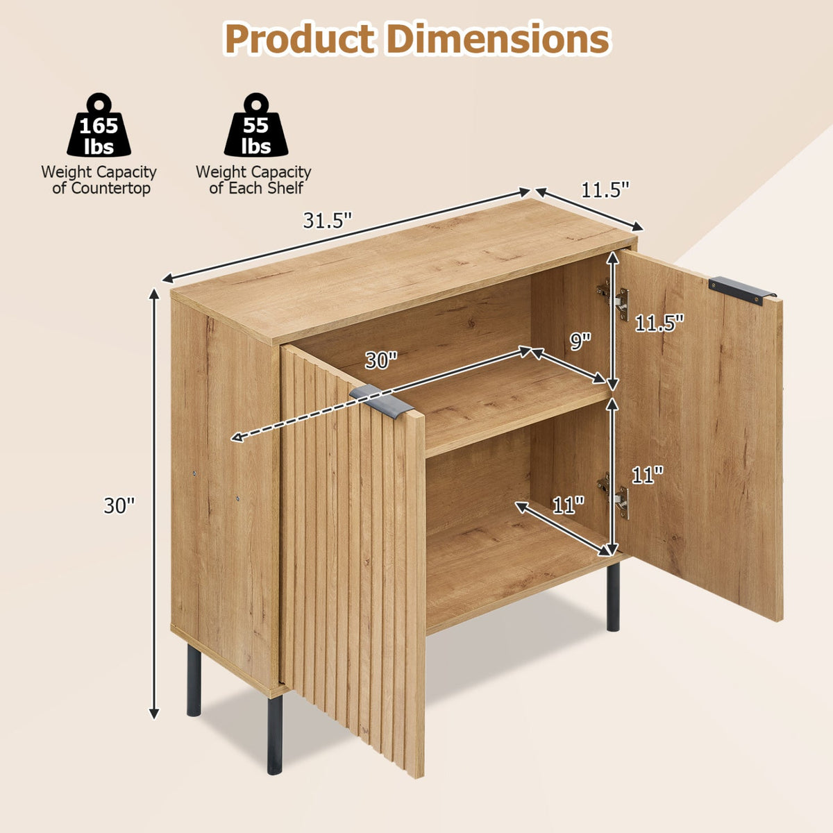 Fluted Buffet Cabinet with 2-Door Storage in natural wood, interior shelves, black metal legs on Tampa Home & Garden Store