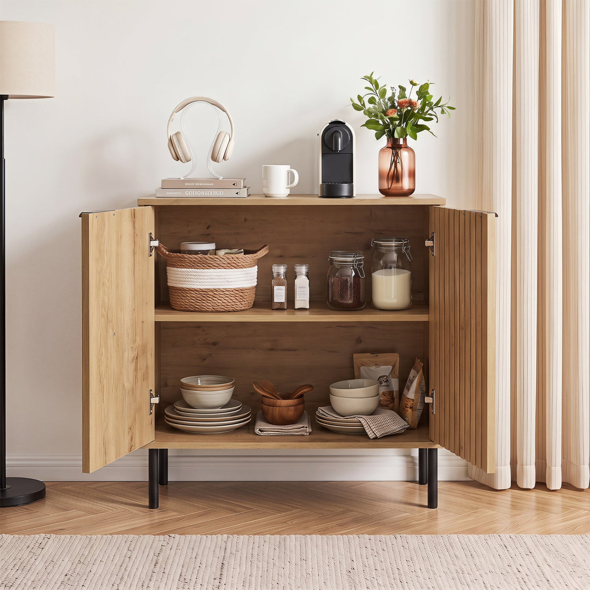 Fluted Buffet Cabinet with 2-Door Storage in natural wood top with headphones mug and vase on Tampa Home & Garden Store
