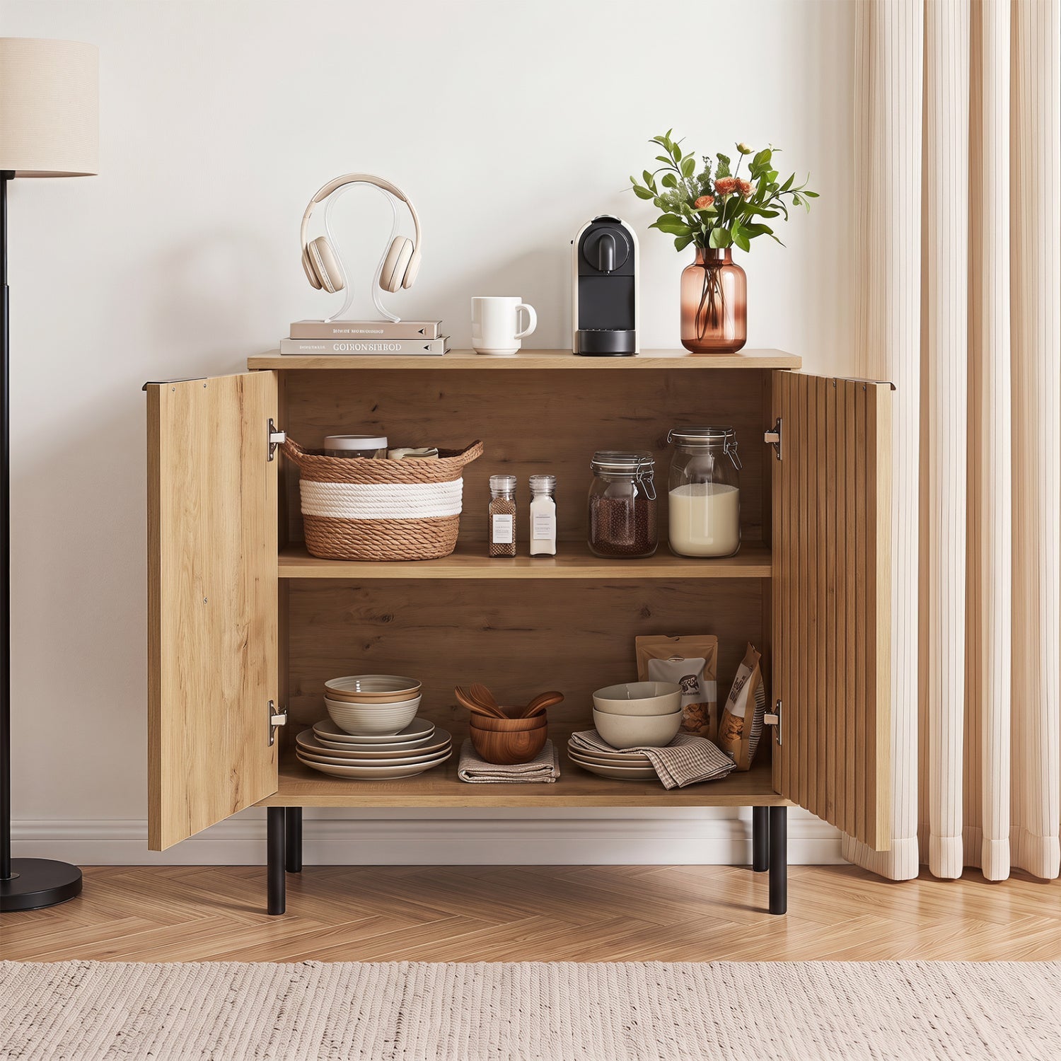 Fluted Buffet Cabinet with 2-Door Storage in natural wood top with headphones mug and vase on Tampa Home & Garden Store