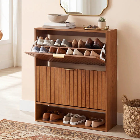 Fluted wooden shoe cabinet by DirectDeals with 2 flip-out drawers and open storage on Tampa Home & Garden Store
