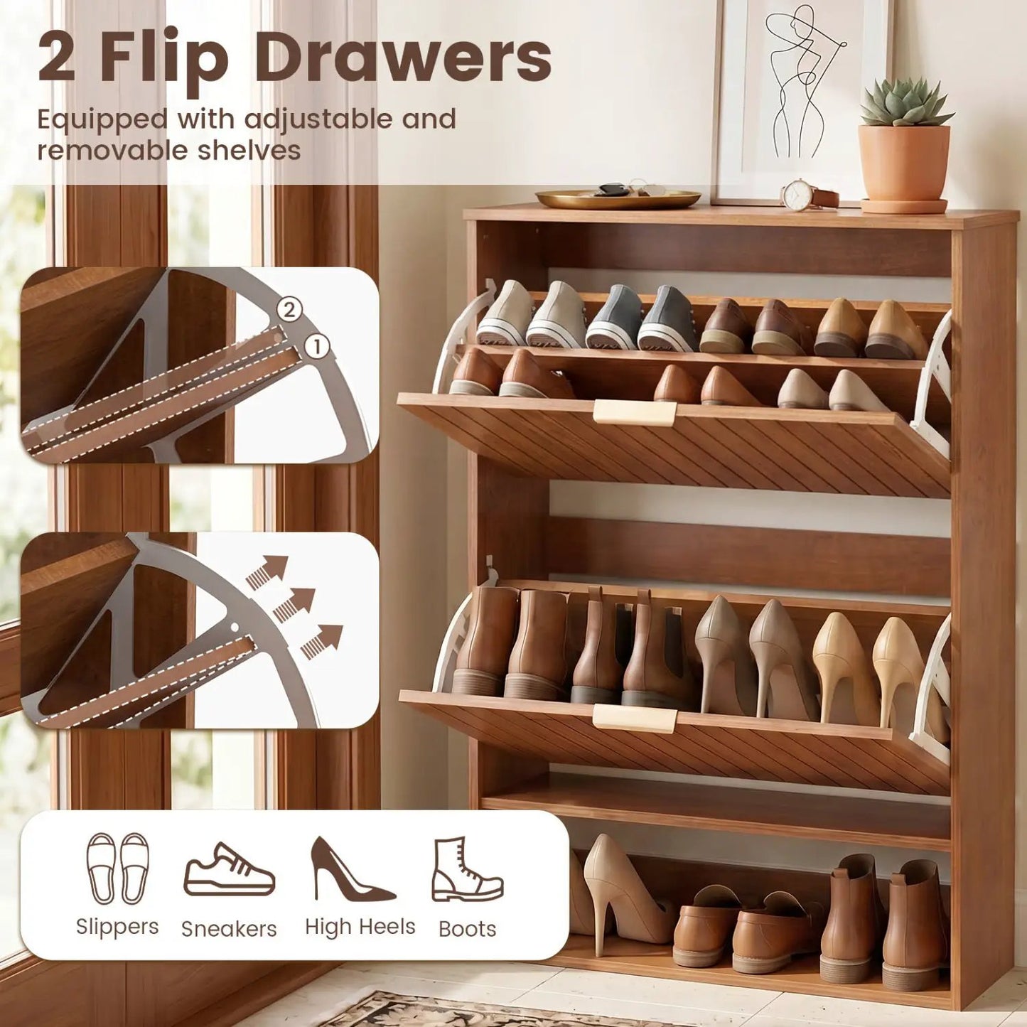 Fluted Shoe Cabinet with Flip Drawers and Storage
