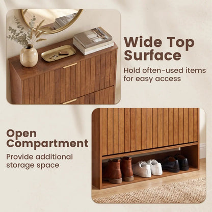 Fluted Shoe Cabinet with Flip Drawers and Storage