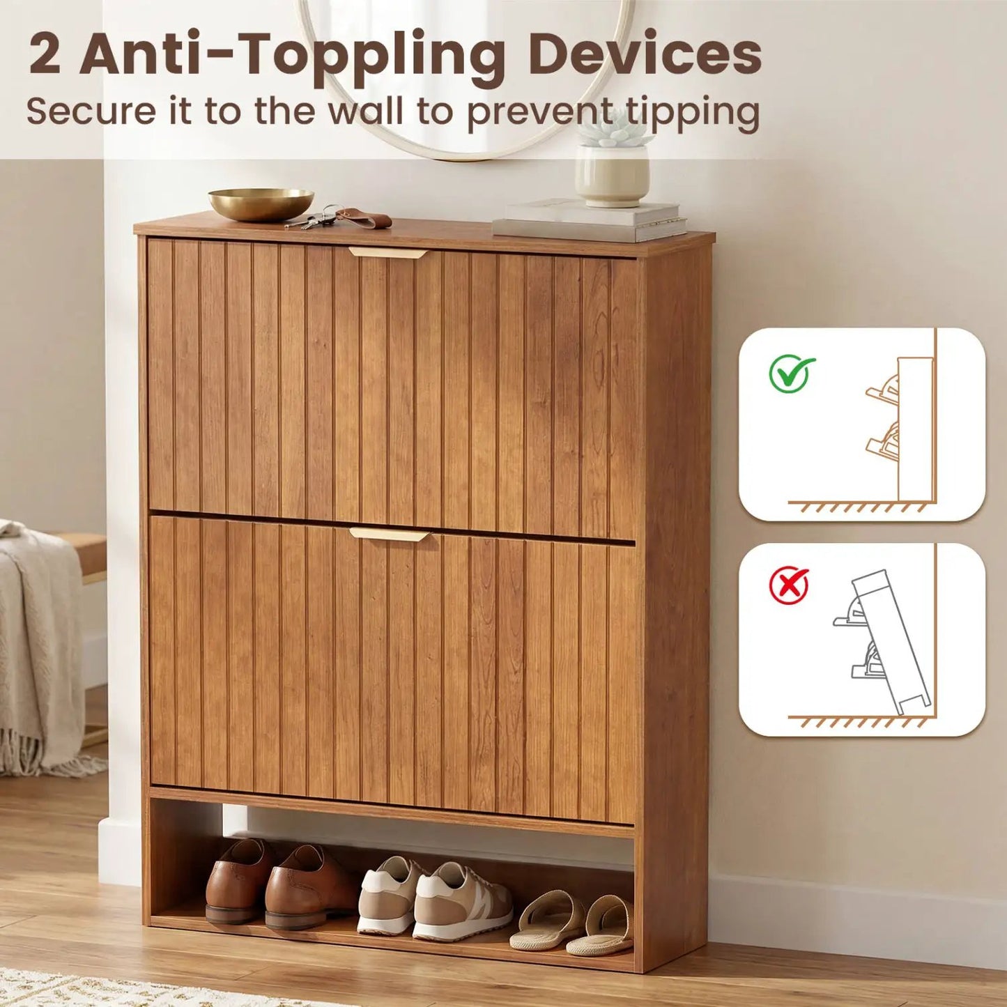 Fluted Shoe Cabinet with Flip Drawers and Storage