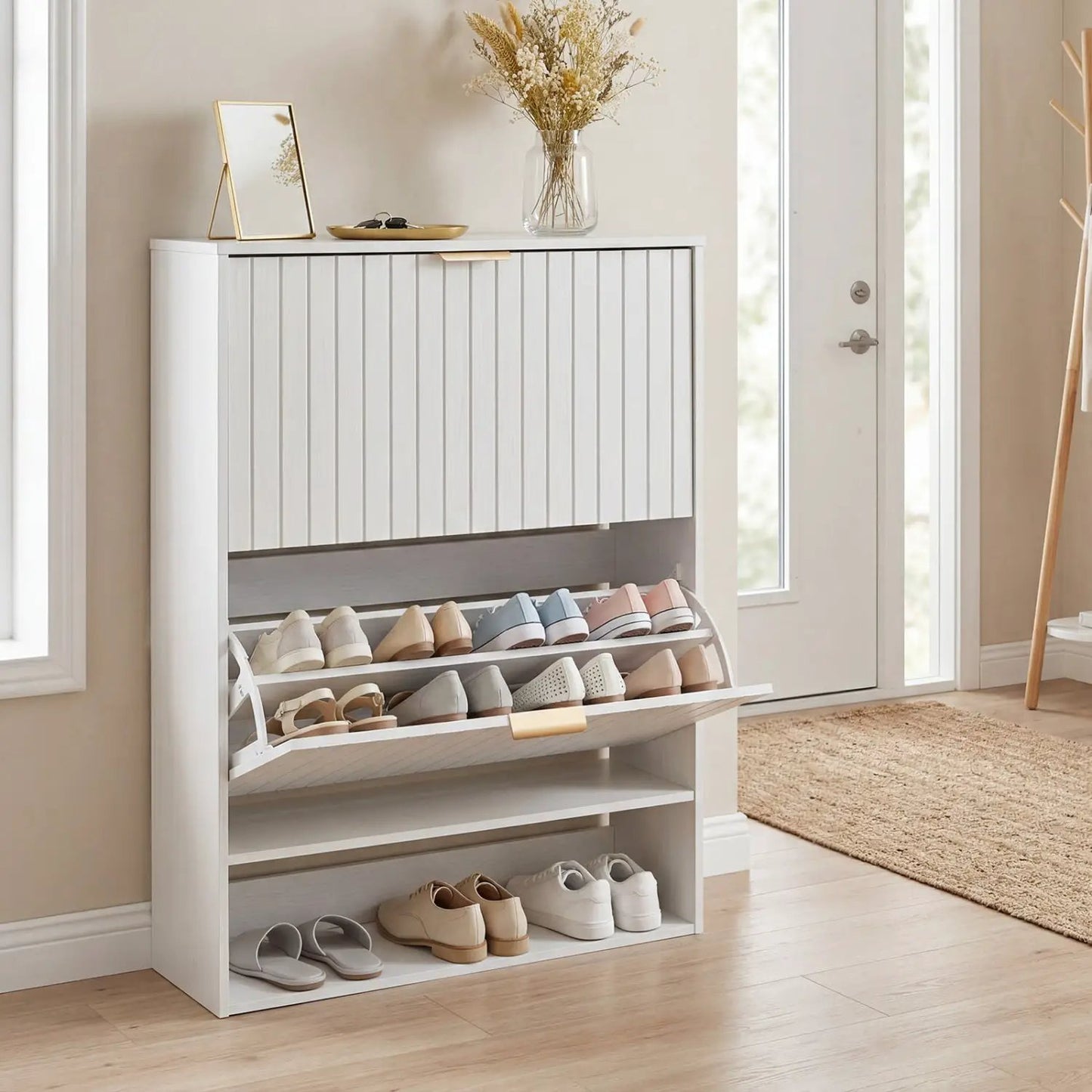 Fluted Shoe Cabinet with Flip Drawers and Storage
