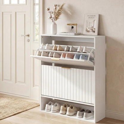 Fluted Shoe Cabinet with Flip Drawers and Storage