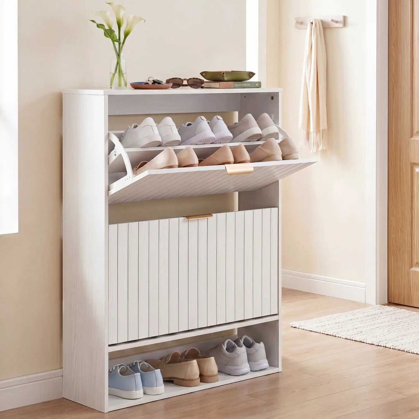 Fluted Shoe Cabinet with Flip Drawers and Storage