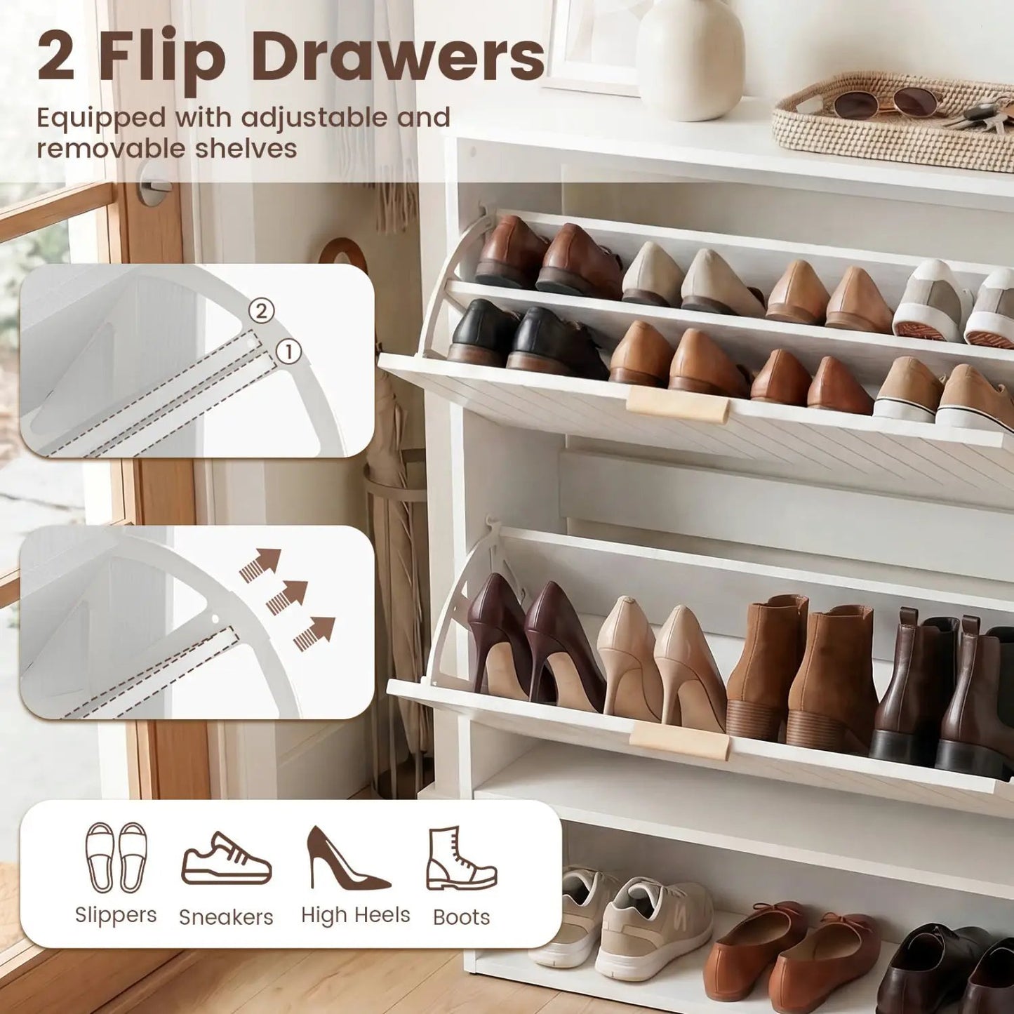 Fluted Shoe Cabinet with Flip Drawers and Storage
