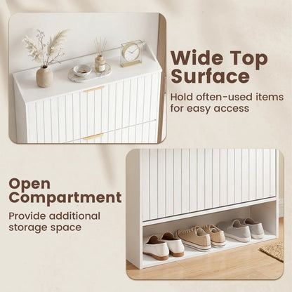 Fluted Shoe Cabinet with Flip Drawers and Storage