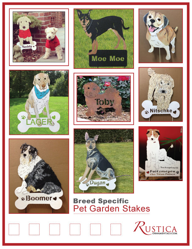 Nine breed-specific pet garden stakes collage for lawn decor by Rustica Ornamentals on Tampa Home & Garden Store