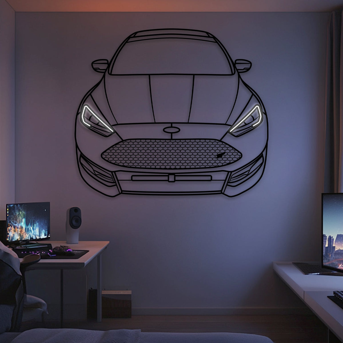 Focus RS Front View Metal Neon Car Wall Art by Modello Turbo, outline with neon headlights on Tampa Home & Garden Store
