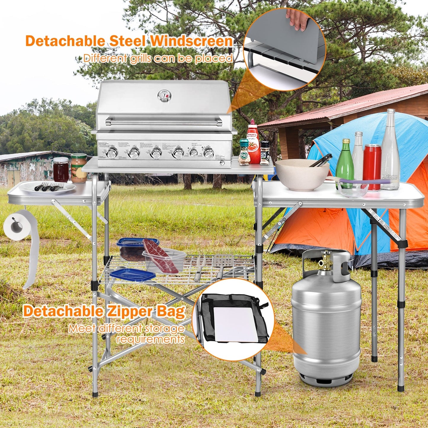 Mesa de barbacoa portátil plegable para exteriores con bolsa cortavientos