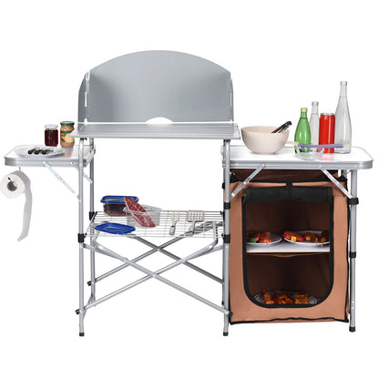 Mesa de barbacoa portátil plegable para exteriores con bolsa cortavientos