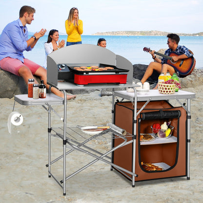 Mesa de barbacoa portátil plegable para exteriores con bolsa cortavientos