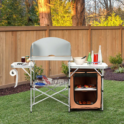 Mesa de barbacoa portátil plegable para exteriores con bolsa cortavientos
