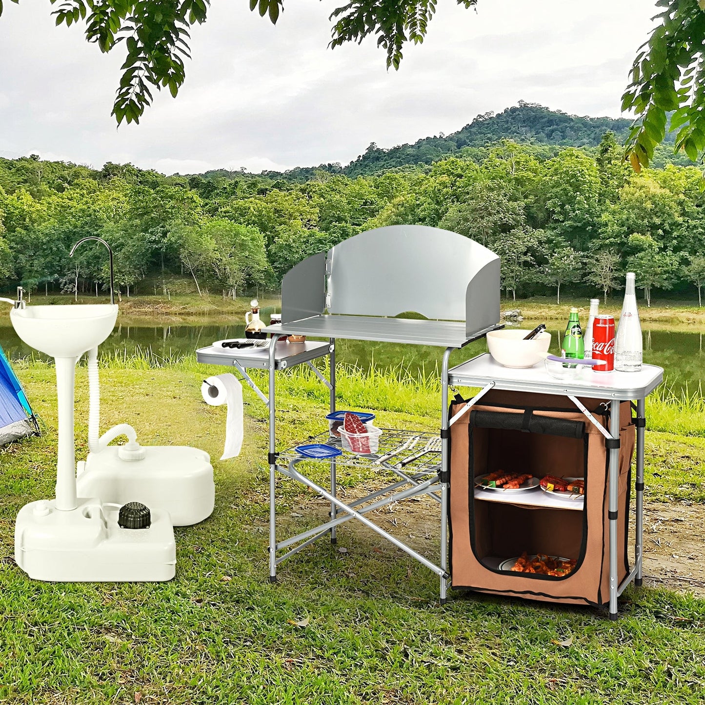 Mesa de barbacoa portátil plegable para exteriores con bolsa cortavientos