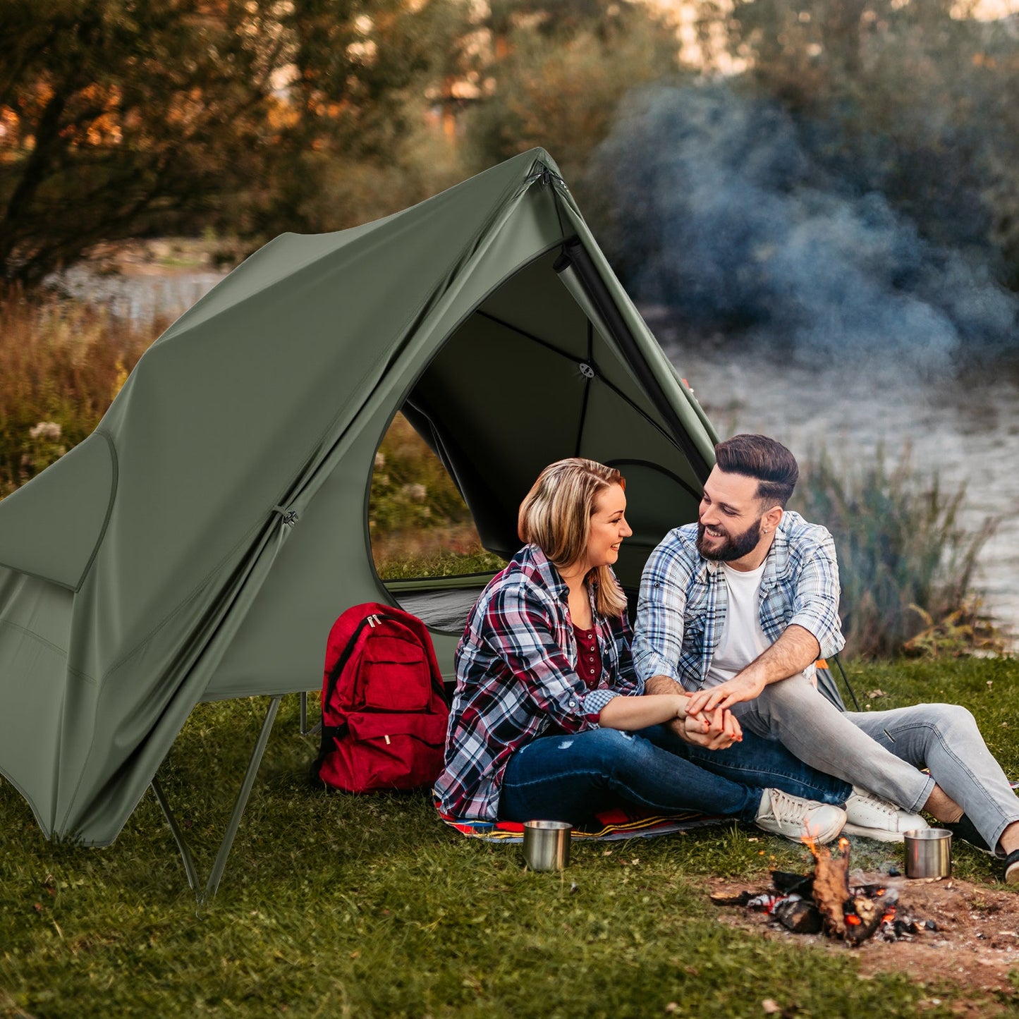 GemGear foldable 2-person camping tent with pop-up shelter in green, portable wheeled bag on Tampa Home & Garden Store