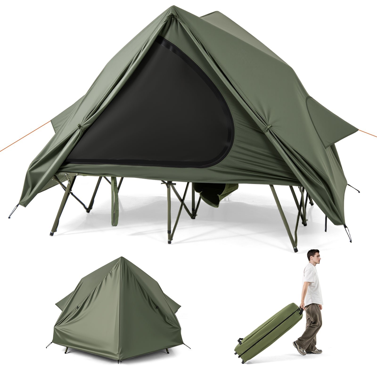 GemGear foldable 2-person camping cot tent with pop-up shelter in green; wheeled bag on Tampa Home & Garden Store