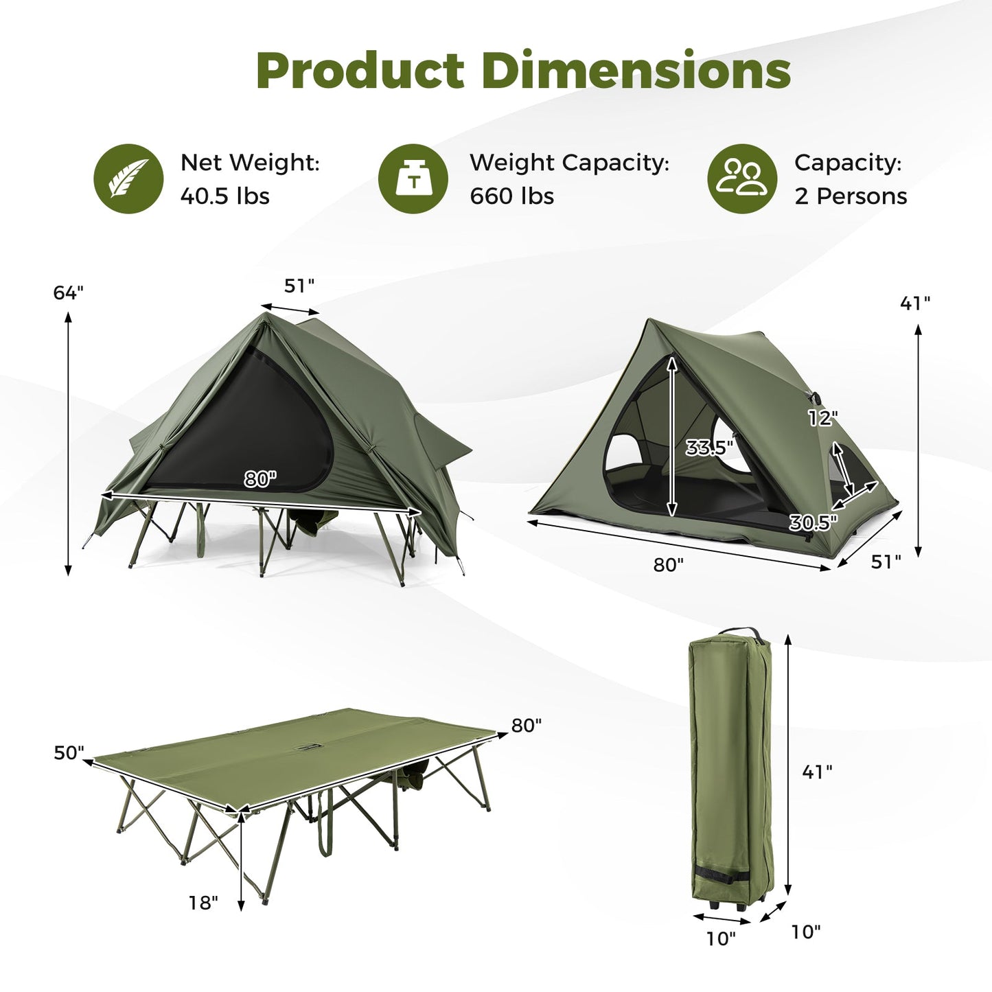 GemGear Foldable 2-Person Camping Cot Tent with Pop-Up Shelter and Portable Wheeled Bag green on Tampa Home & Garden Store