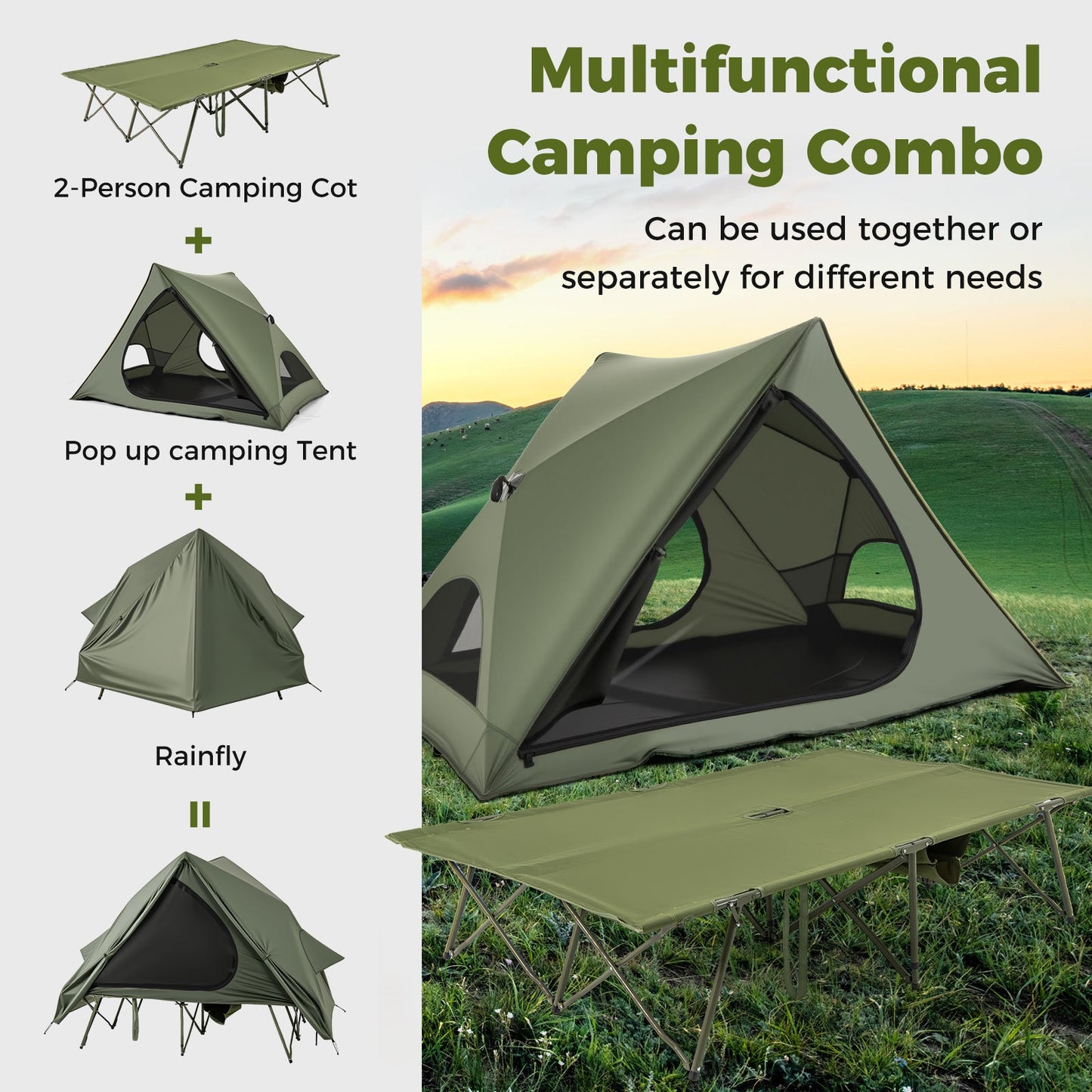 Foldable 2-Person Camping Cot Tent in green with pop-up shelter and wheeled bag on Tampa Home & Garden Store