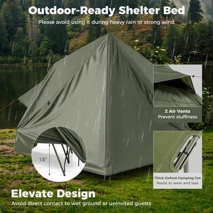 GemGear green foldable 2-person camping cot tent with pop-up shelter by a lakeside in rain on Tampa Home & Garden Store