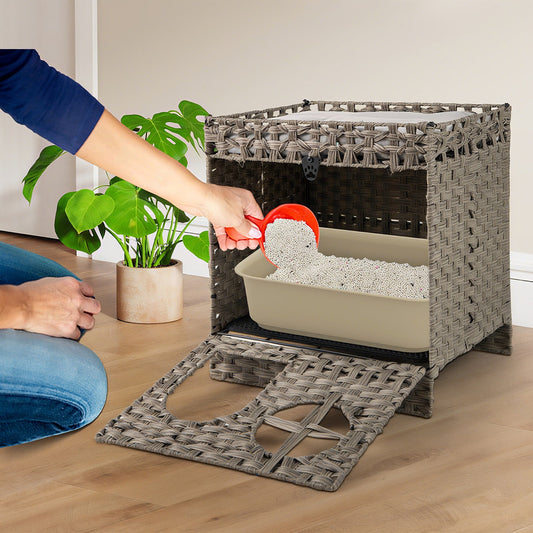 Foldable 2-tier Rattan Cat Litter Box Enclosure with Litter Mat-Grey - Tampa Home & Garden Store
