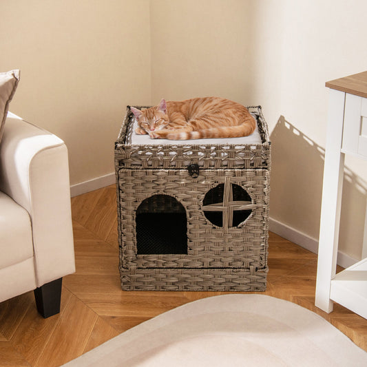 Foldable 2-tier Rattan Cat Litter Box Enclosure with Litter Mat-Grey - Tampa Home & Garden Store