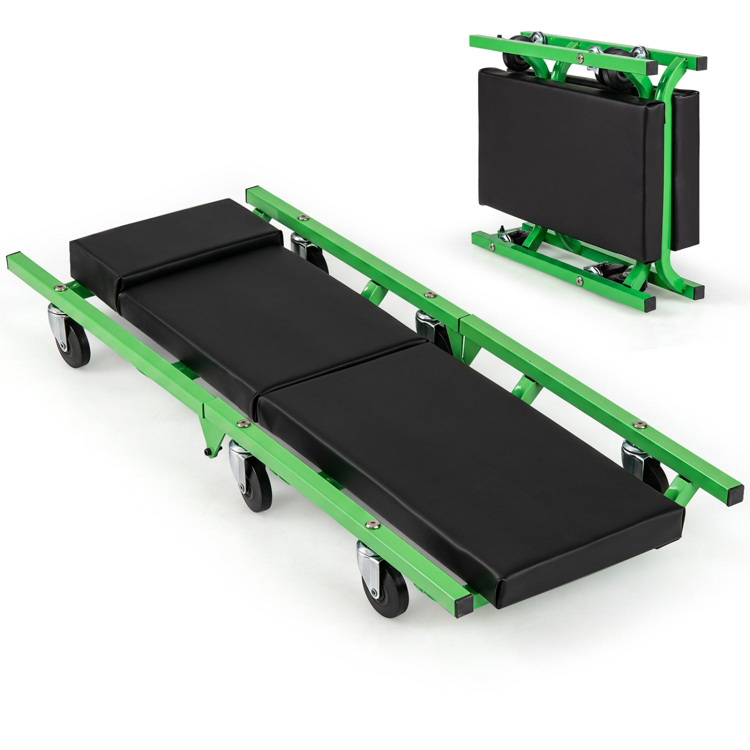 Foldable automotive creeper with 360° swivel wheels, green steel frame, and black cushioned pad on Tampa Home & Garden Store