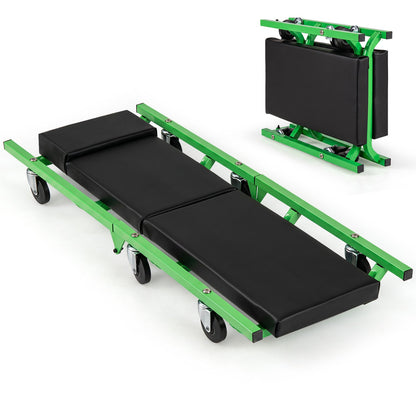 Foldable automotive creeper with 360° swivel wheels, green steel frame, and black cushioned pad on Tampa Home & Garden Store