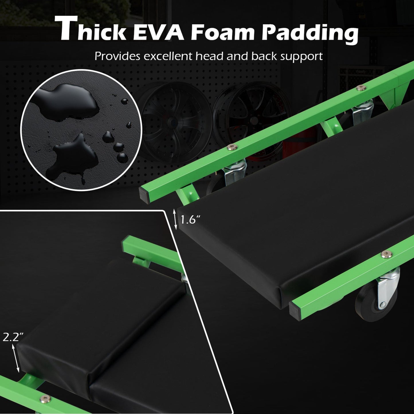 DirectDeals foldable creeper with green frame, black EVA padding and 360° wheels on Tampa Home & Garden Store