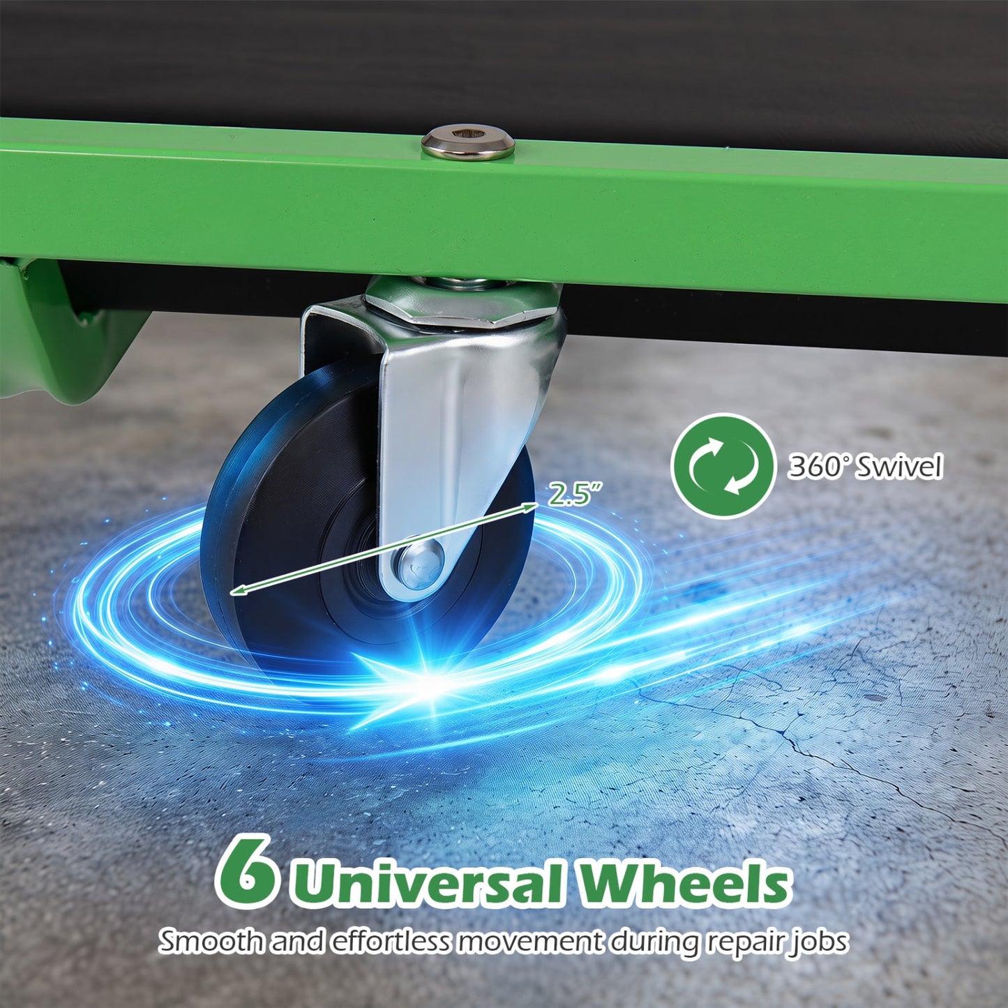 Foldable automotive creeper by DirectDeals with wheels, green frame and blue wheels on Tampa Home & Garden Store