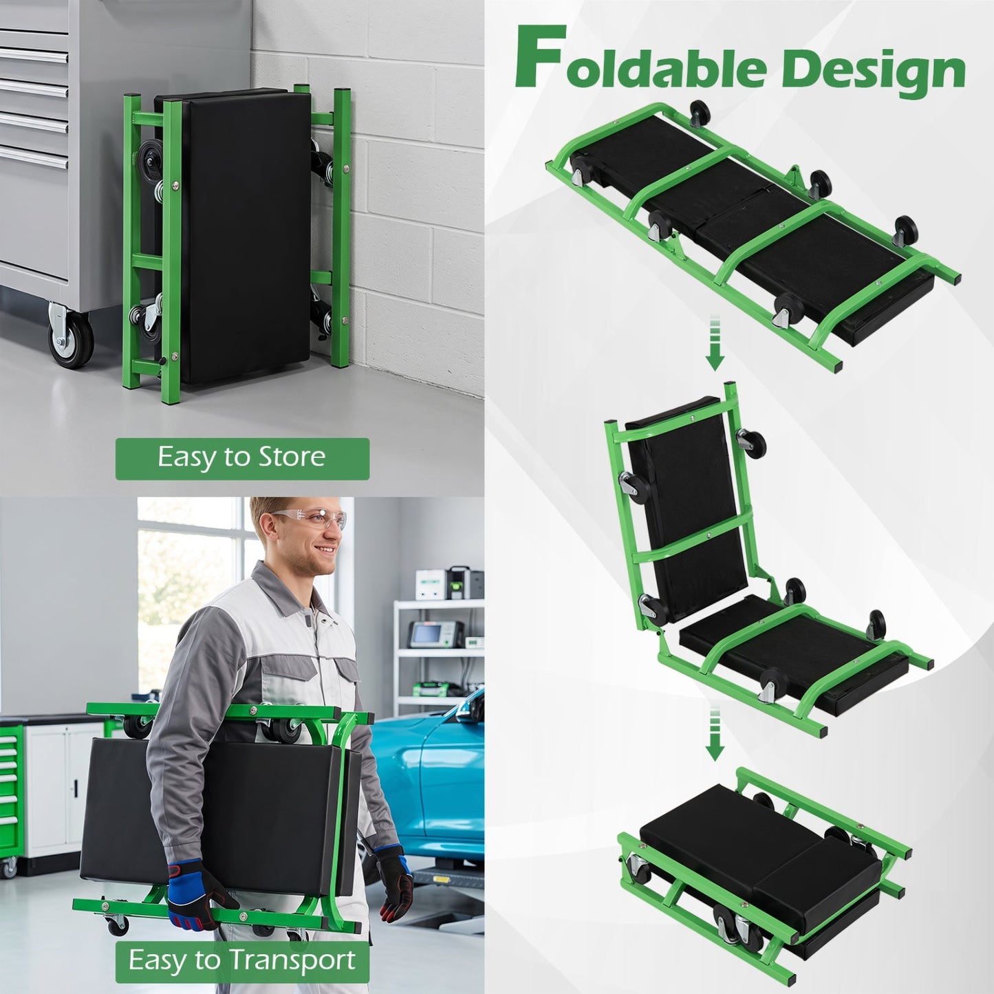 DirectDeals foldable automotive creeper with 360° swivel wheels, green frame and black padded deck on Tampa Home & Garden Store