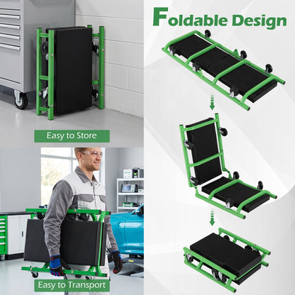 DirectDeals foldable automotive creeper with 360° swivel wheels, green frame and black padded deck on Tampa Home & Garden Store