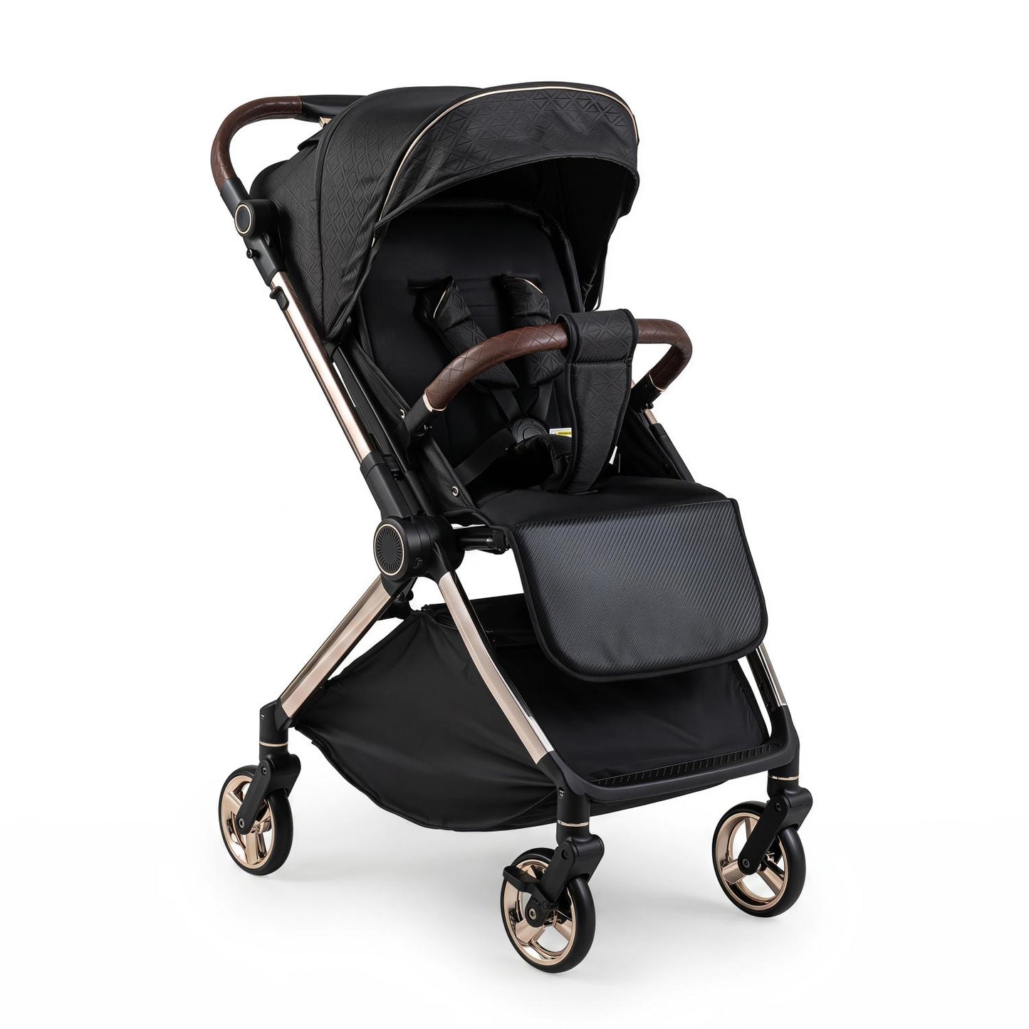 DirectDeals Reversible Baby Stroller with Canopy, black seat, rose gold frame, brown handles on Tampa Home & Garden Store