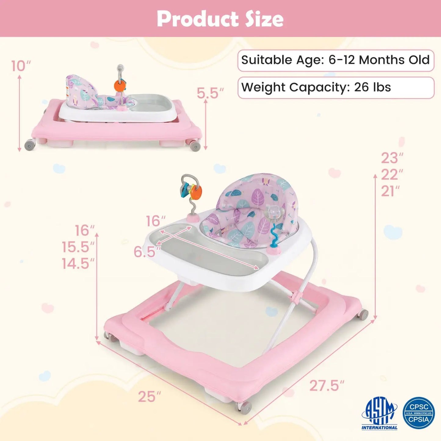 Foldable Baby Walker Removable Seat and Height