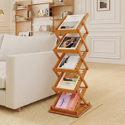Foldable bamboo magazine rack, 5-tier 2-position, DirectDeals, natural wood finish on Tampa Home & Garden Store