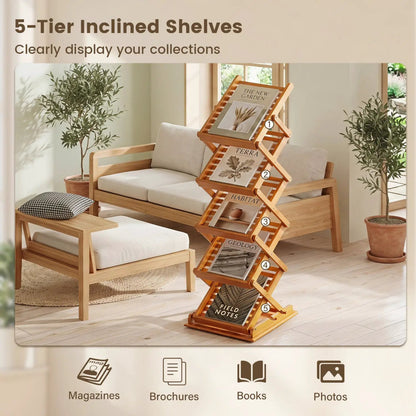 Foldable Bamboo Magazine Rack With Five Tiers