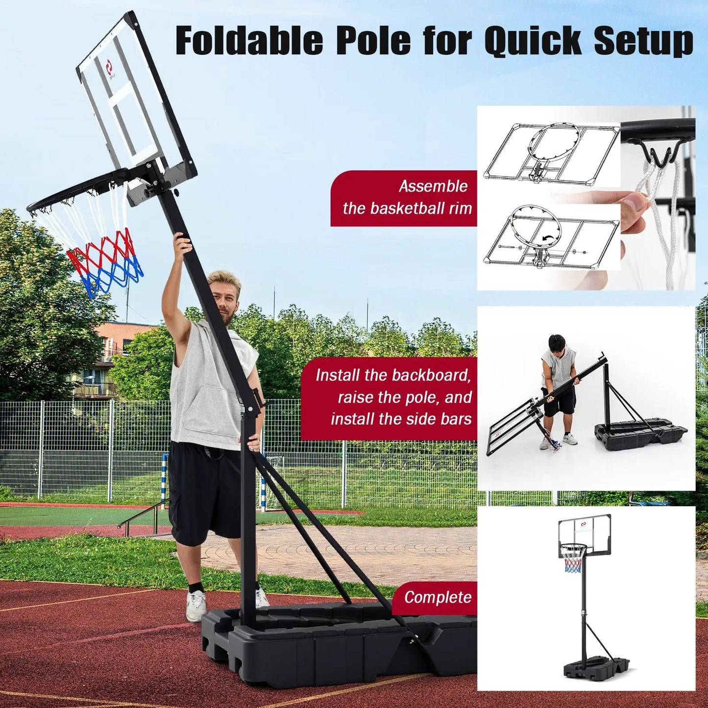 Foldable basketball hoop with PC backboard DirectDeals, adjustable 7.54–10 ft, black pole on Tampa Home & Garden Store