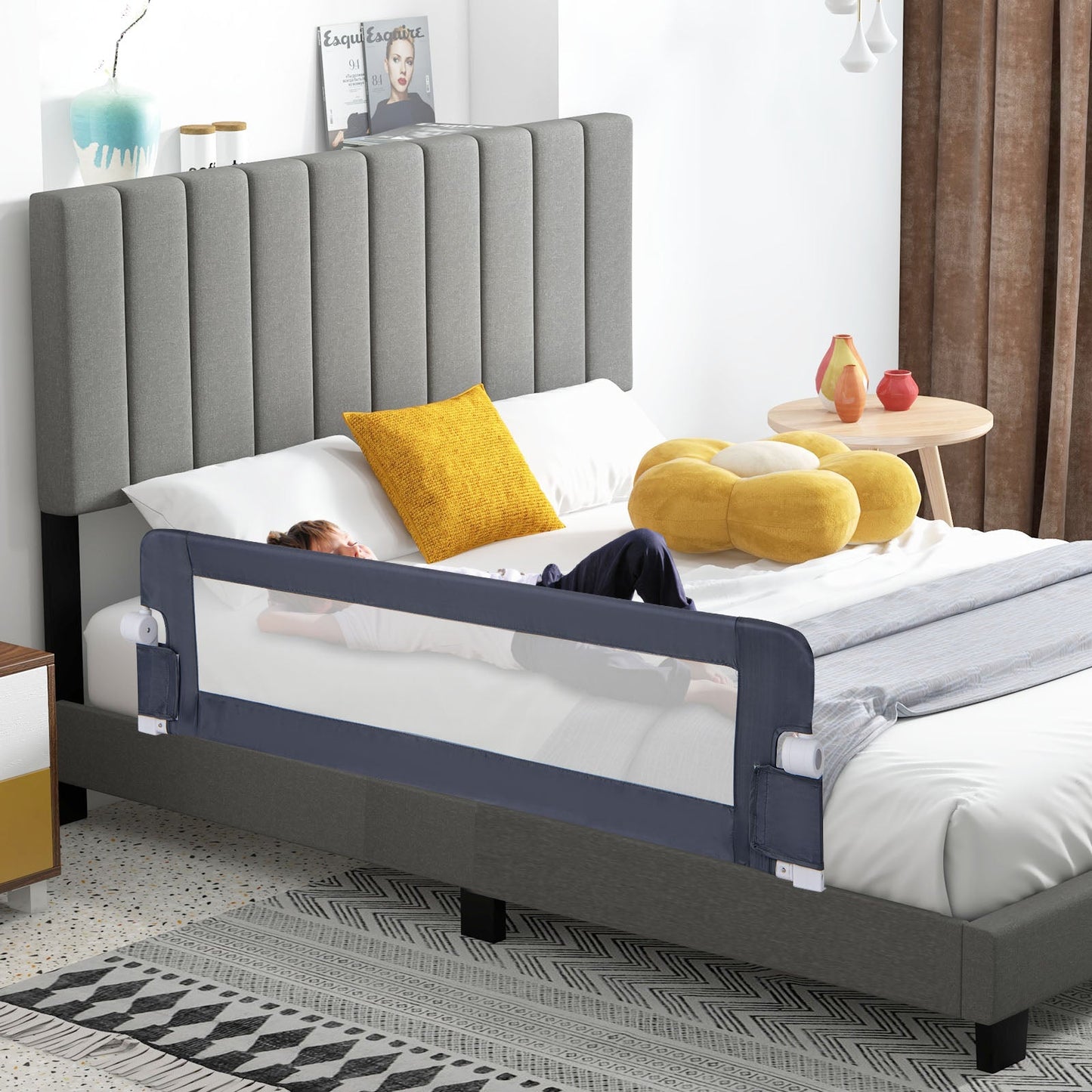 60-Inch Foldable Bed Rail Swing Down Baby Bed Guard Rail with Adjustable Safety Strap