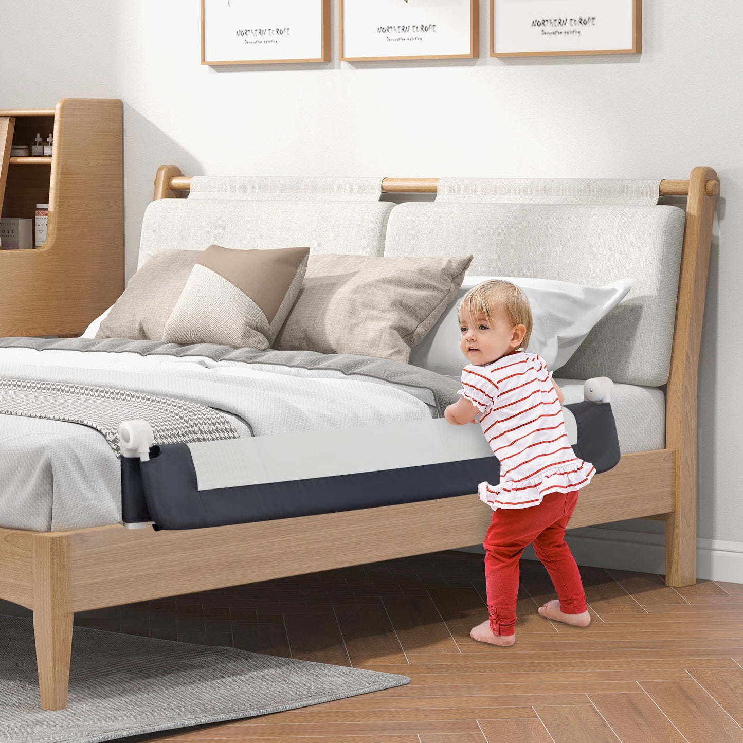 60-Inch Foldable Bed Rail Swing Down Baby Bed Guard Rail with Adjustable Safety Strap