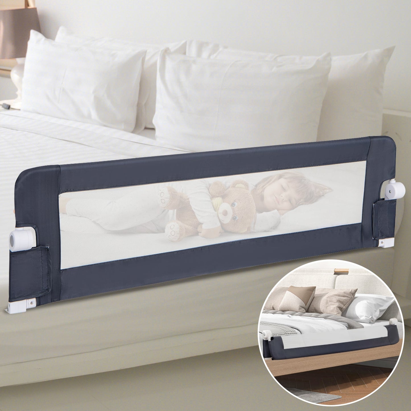 60-Inch Foldable Bed Rail Swing Down Baby Bed Guard Rail with Adjustable Safety Strap
